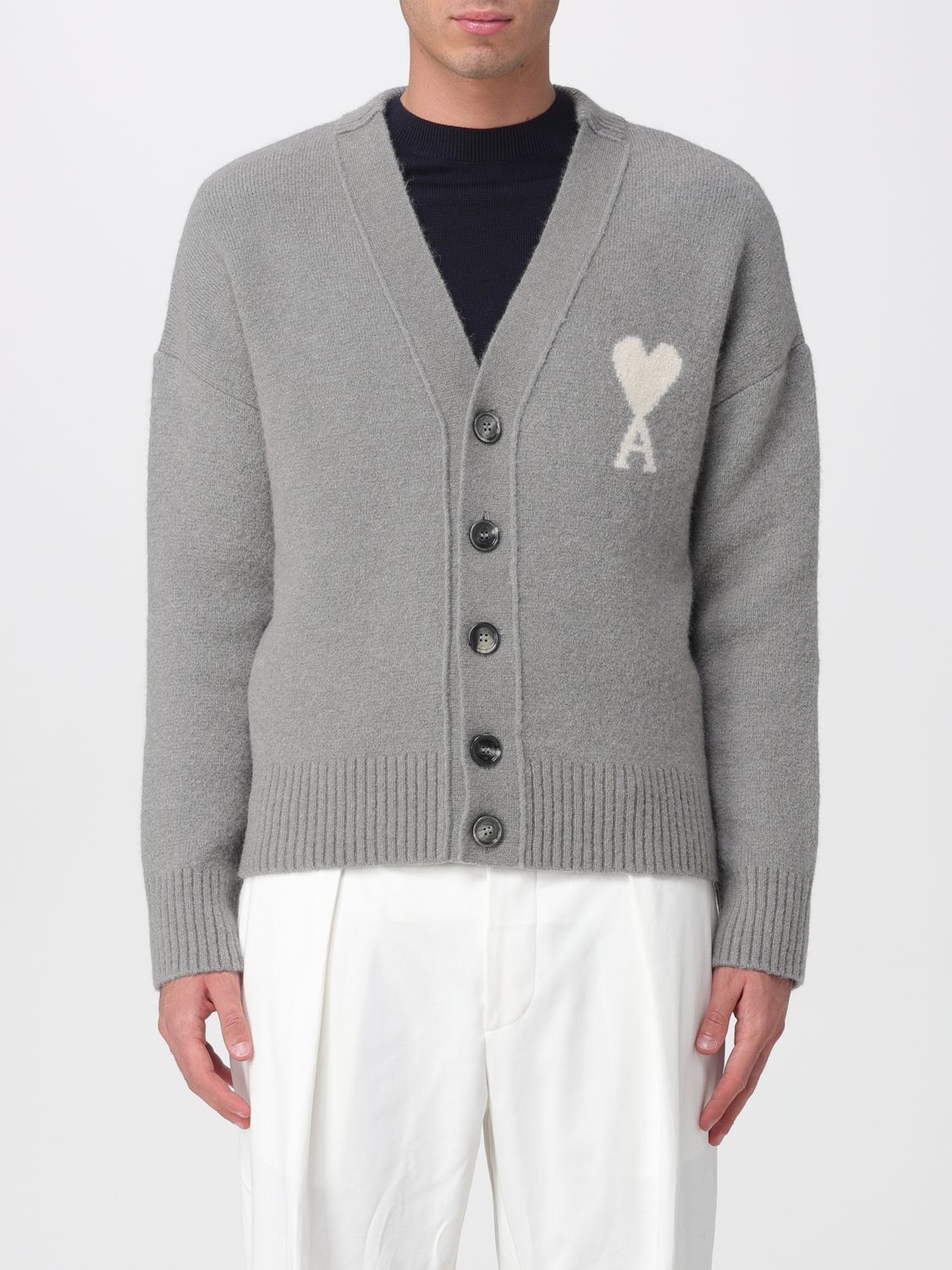 Ami Alexandre Mattiussi Ami Paris Ami Paris De Coeur Wool Cardigan In Gray