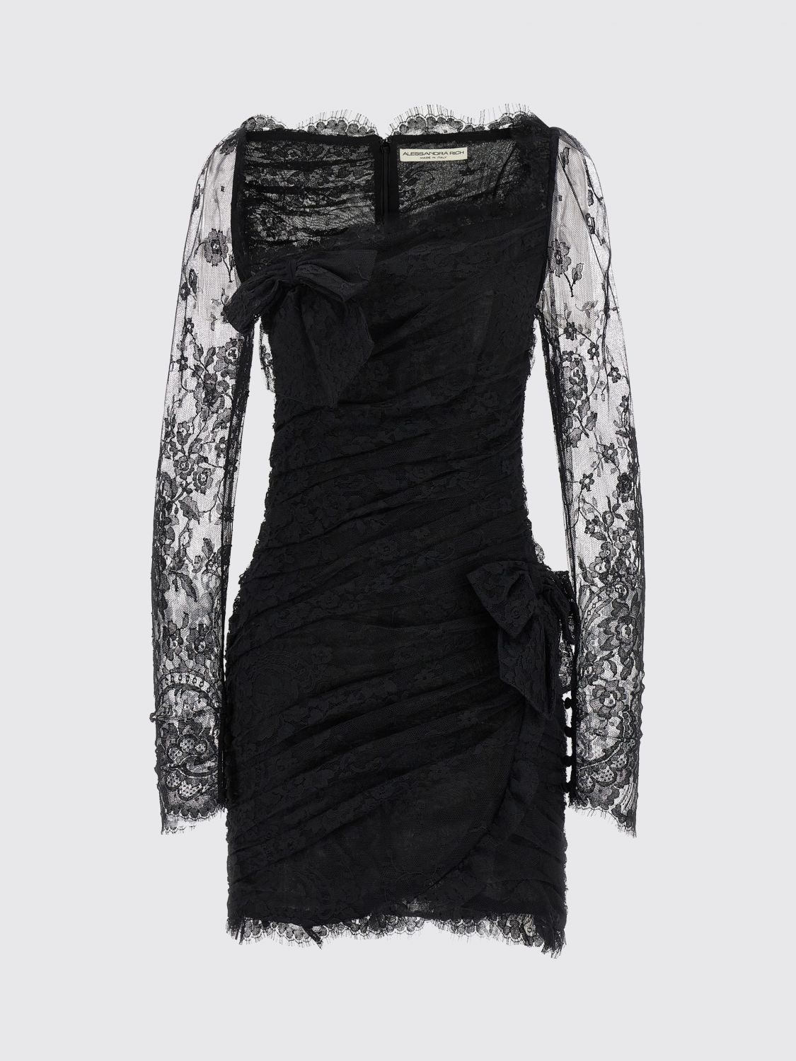 Alessandra Rich Draped Dress With Bow Accents And Lace Detailing In Black