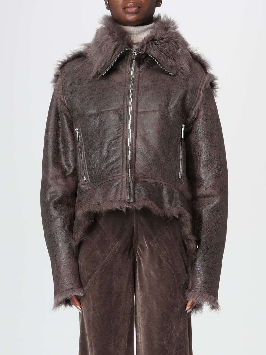 Rick Owens Brown Jacket With Reversible Design And Asymmetric Hem In Leather Woman In Brown