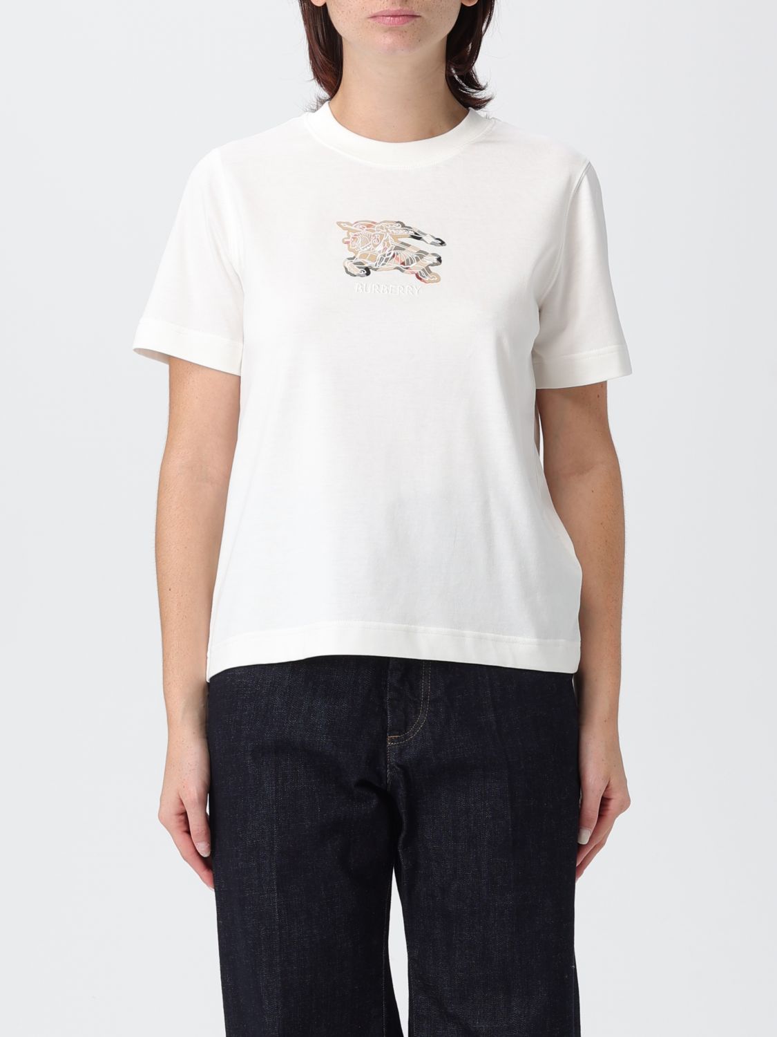 Burberry Ribbed Cotton T-shirt With Equestrian Motif And Logo Patch In White