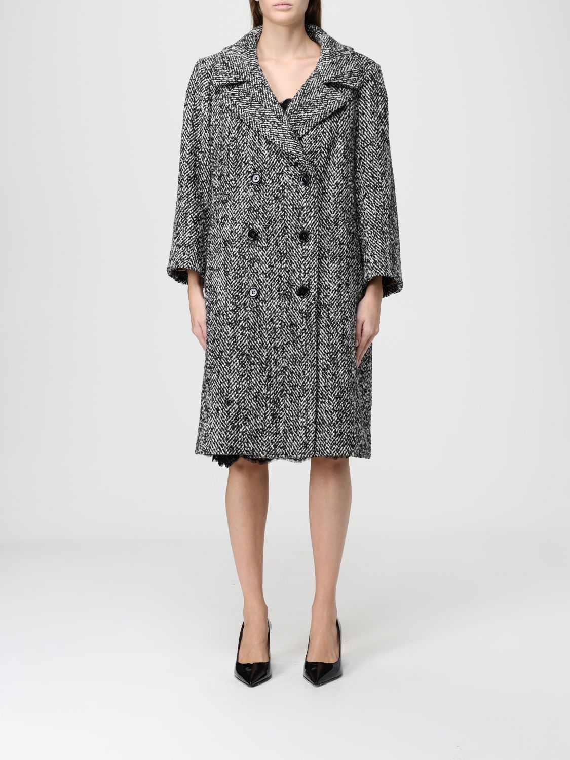 Dolce & Gabbana Double-breasted Coat With Herringbone Pattern Dolce E Gabbana In Gray