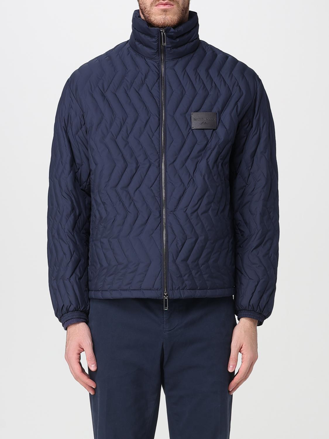 Emporio Armani Full-zip Down Jacket In Chevron Quilted Ripstop Nylon In Blue