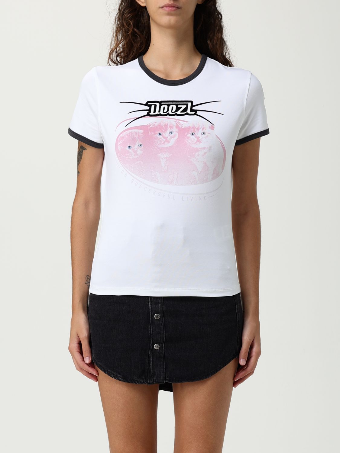 Diesel White Cotton T-shirt With Print And Contrasting Edges In White
