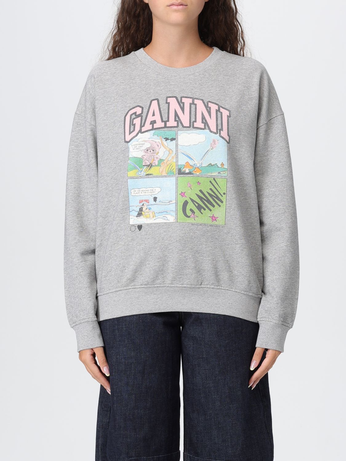 Ganni Oversized Sweatshirt With Playful Graphic Print In Gray