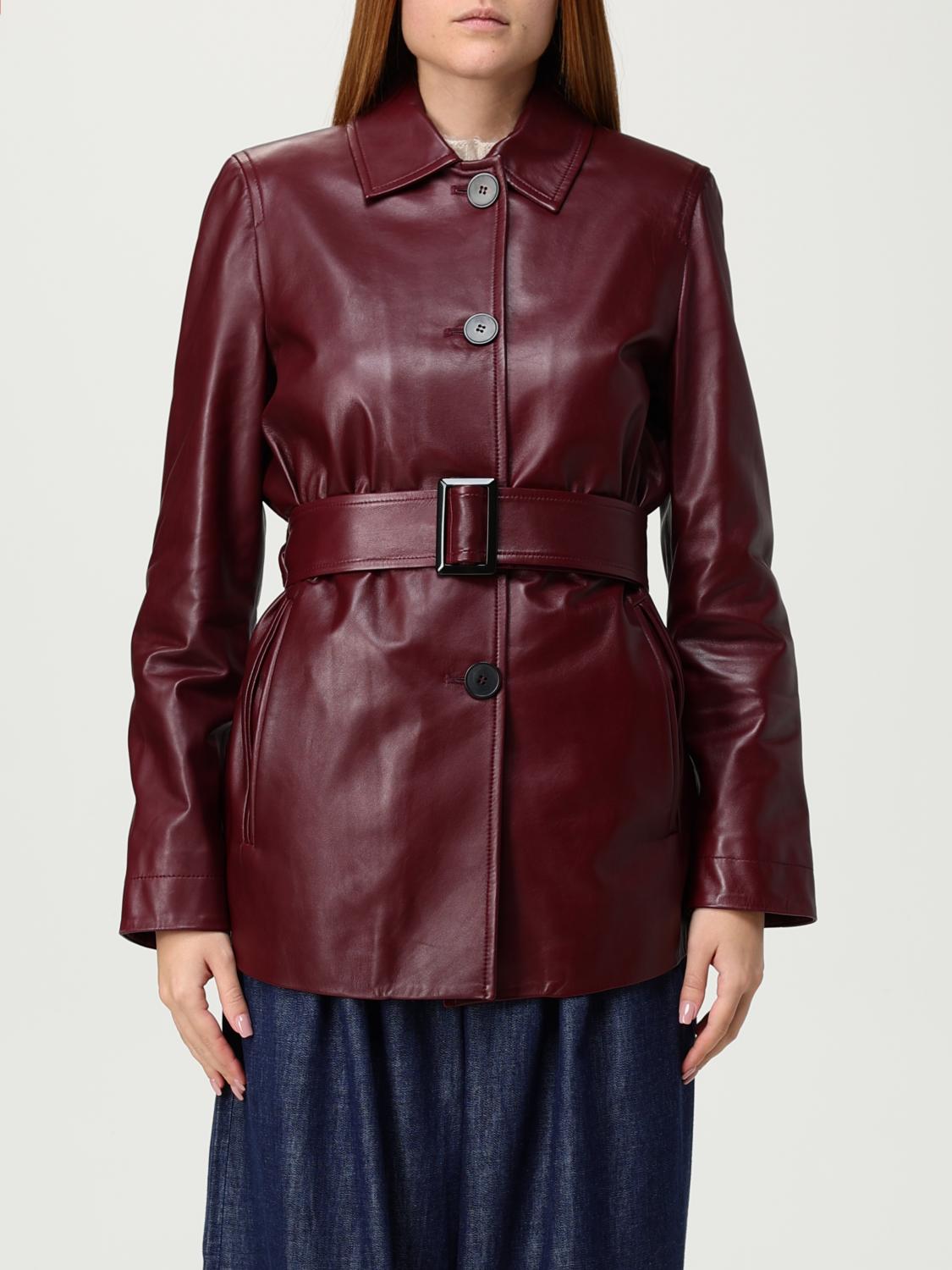 Max Mara Jacket With Belt In Bordeaux Nappa Leather In Burgundy