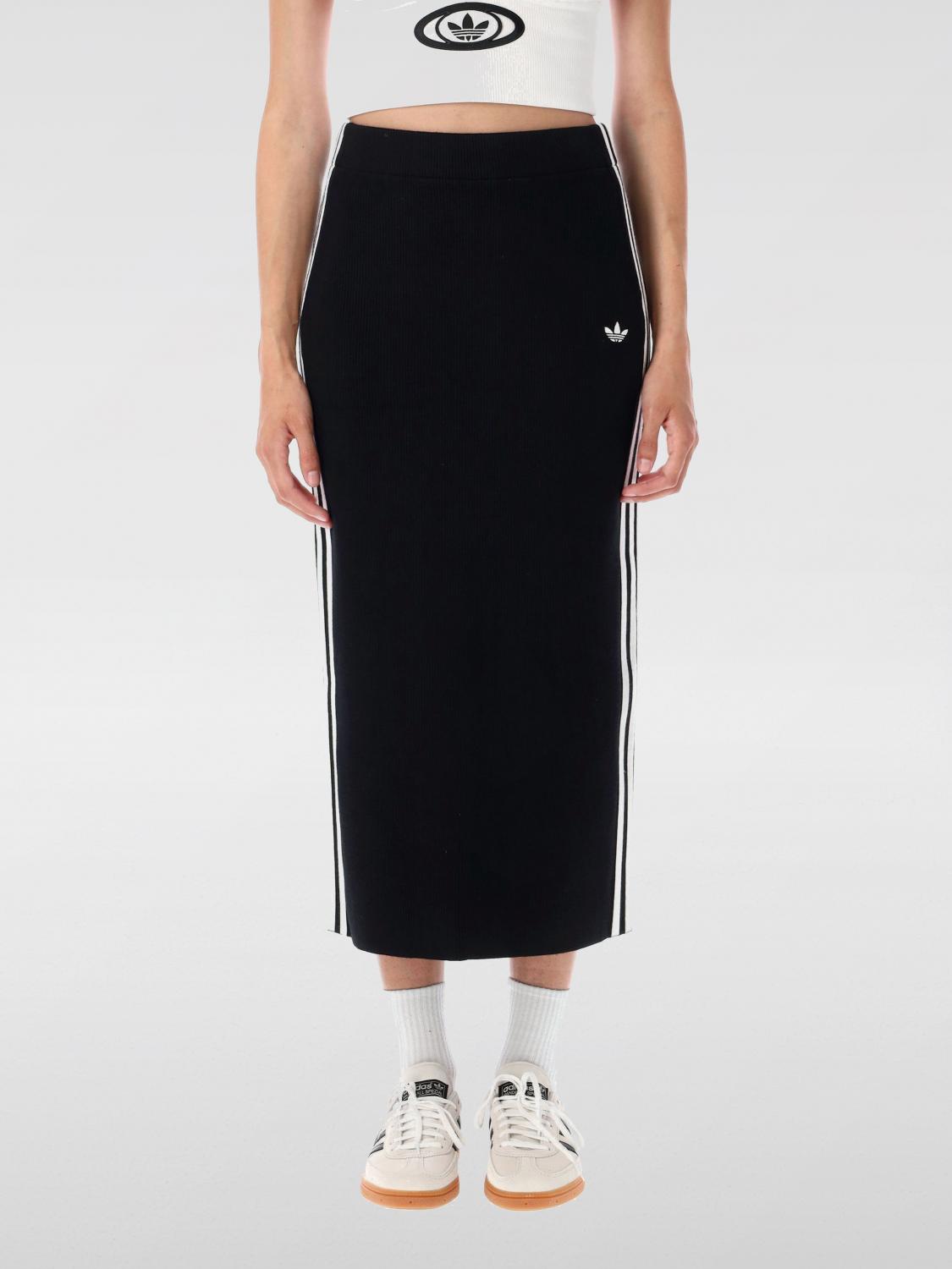 Adidas Originals Ribbed Striped Midi Straight Skirt In Black