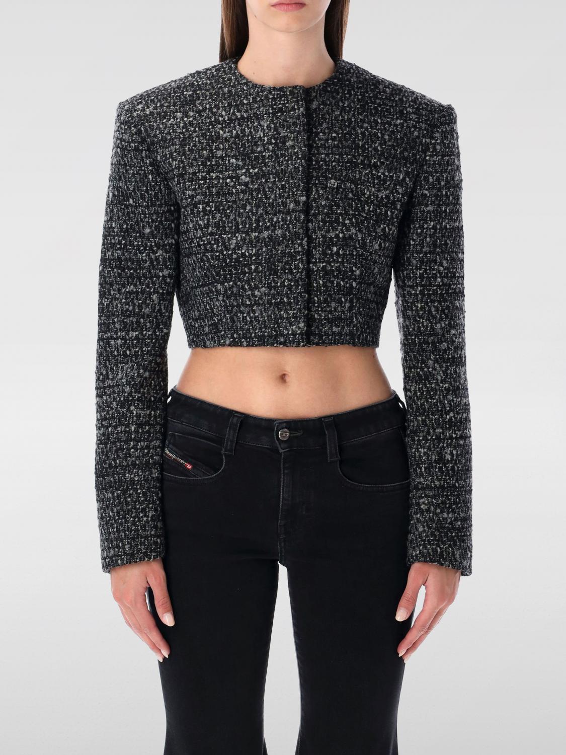 Diesel Cropped Tweed Jacket Long Sleeves In Black