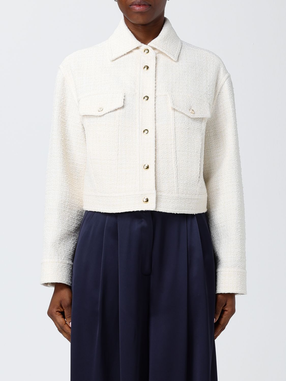 Pinko Textured Tweed Jacket With Golden Buttons In White