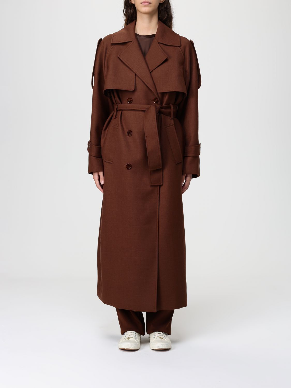 Patrizia Pepe Brown Wool Blend Trench Coat With Belted Waist In Brown