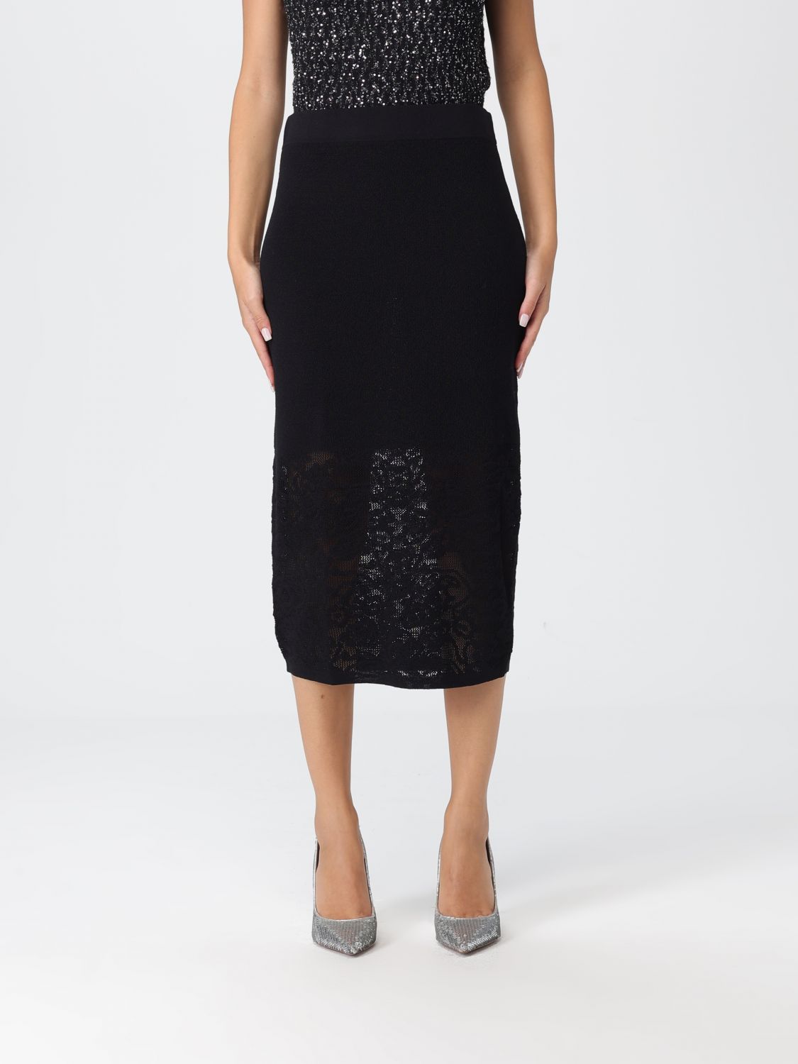 Patrizia Pepe Gonna Midi Effetto Pizzo Nero In Black