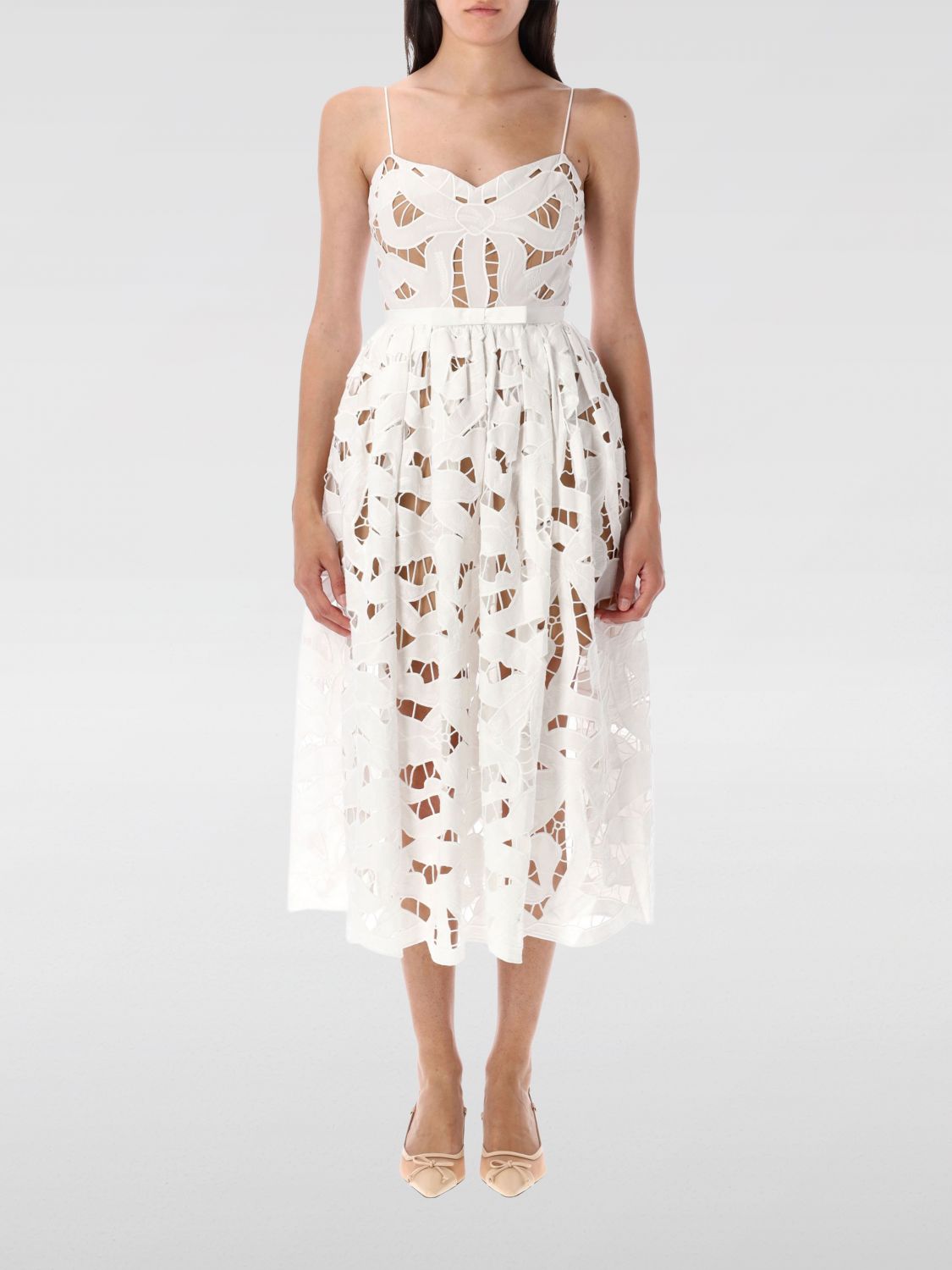 Self-portrait Embroidered Midi Dress With Bow In White