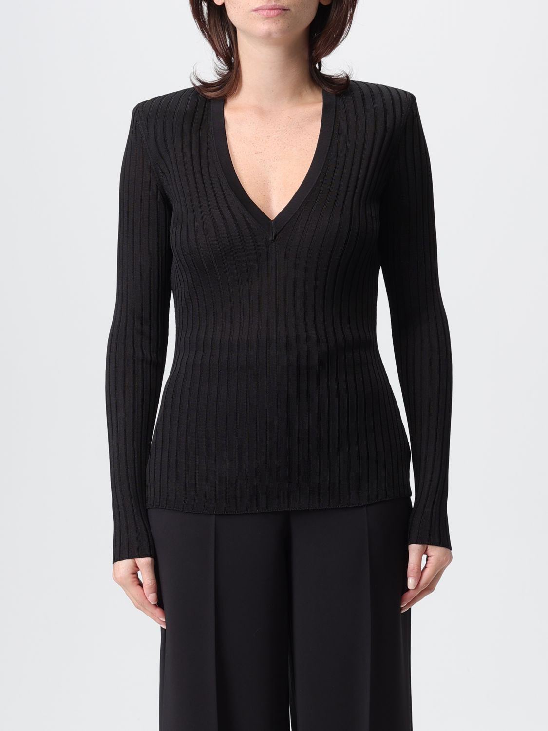 Elisabetta Franchi Ribbed V-neck Sweater In Black