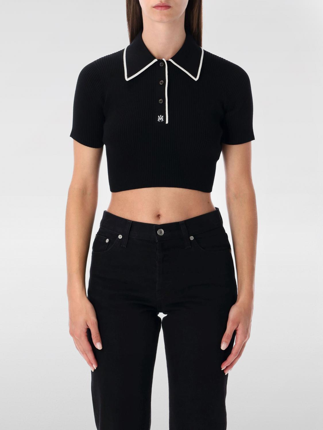 Amiri Cropped Polo Knit Top With Ribbed Texture In Black