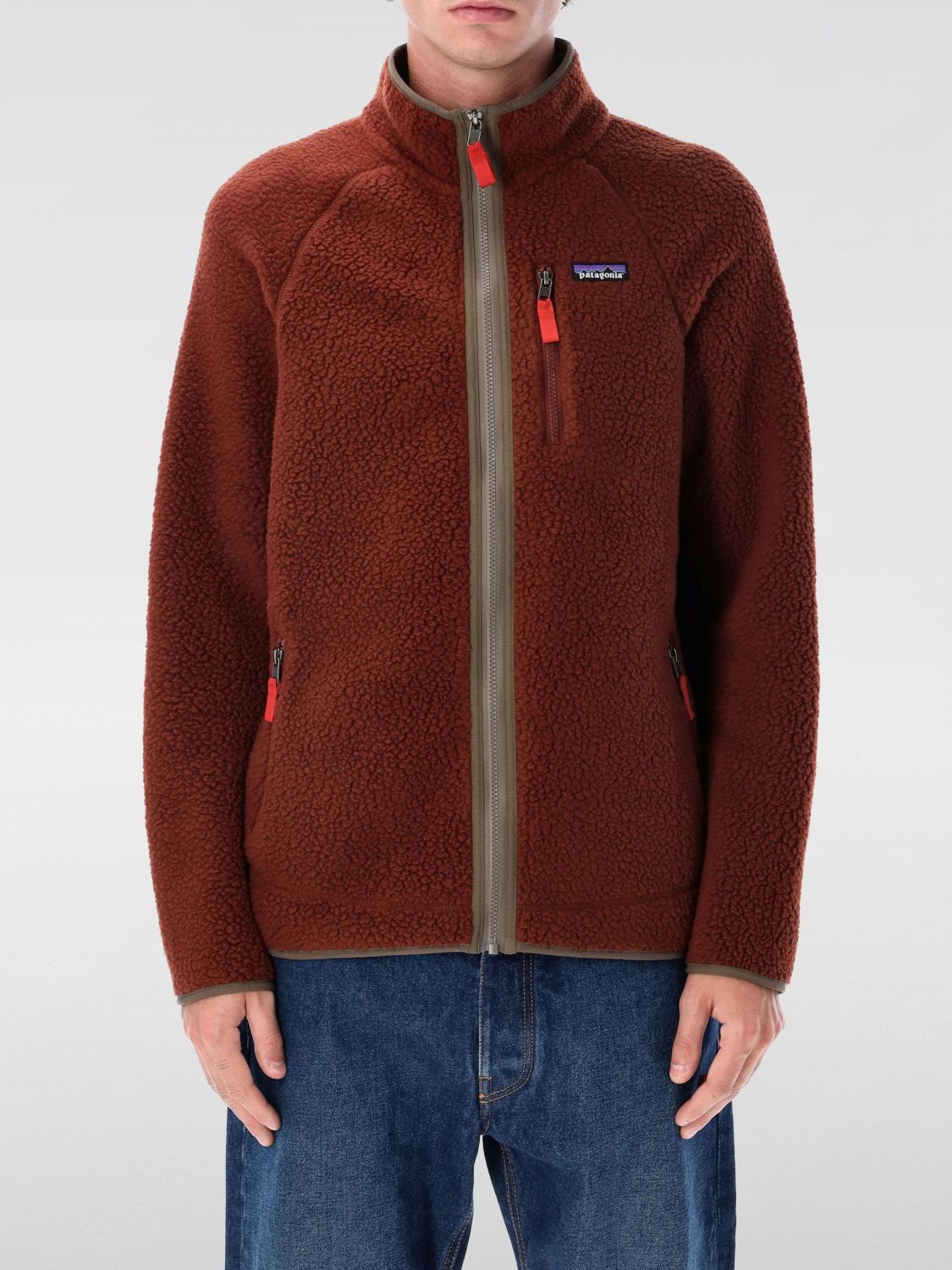 Patagonia Fleece Jacket With High Collar And Pockets In Brown