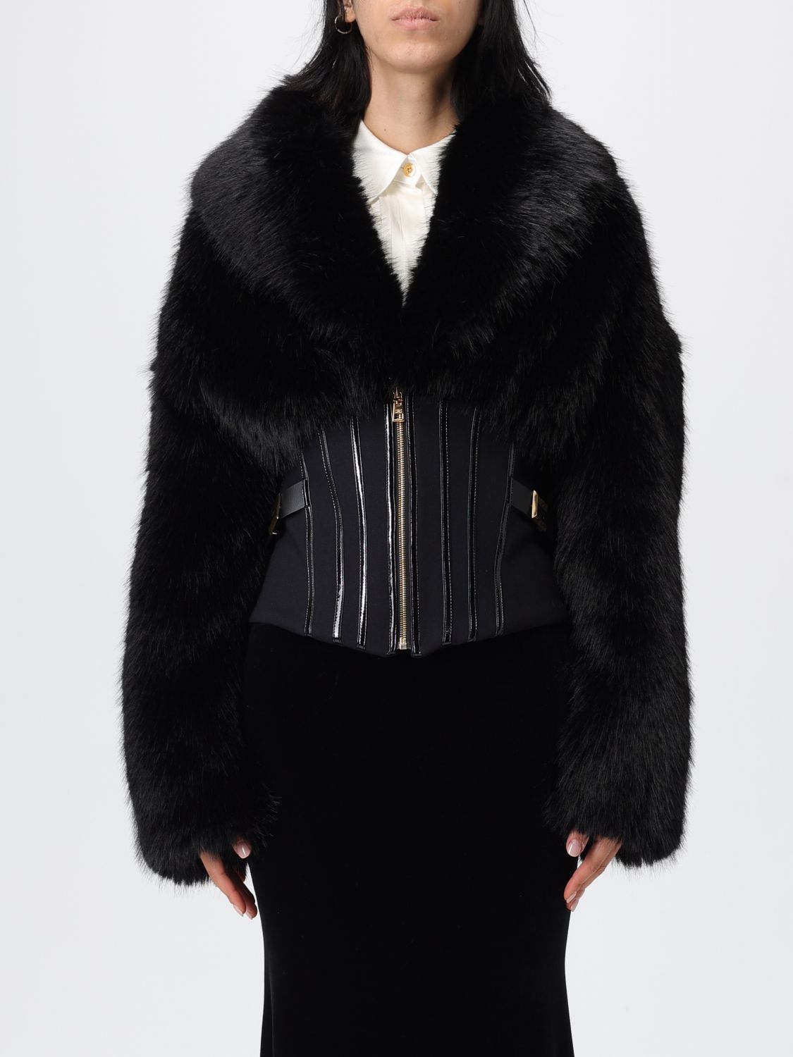 Elisabetta Franchi Cropped Black Jacket With Faux Fur Detailing In Black