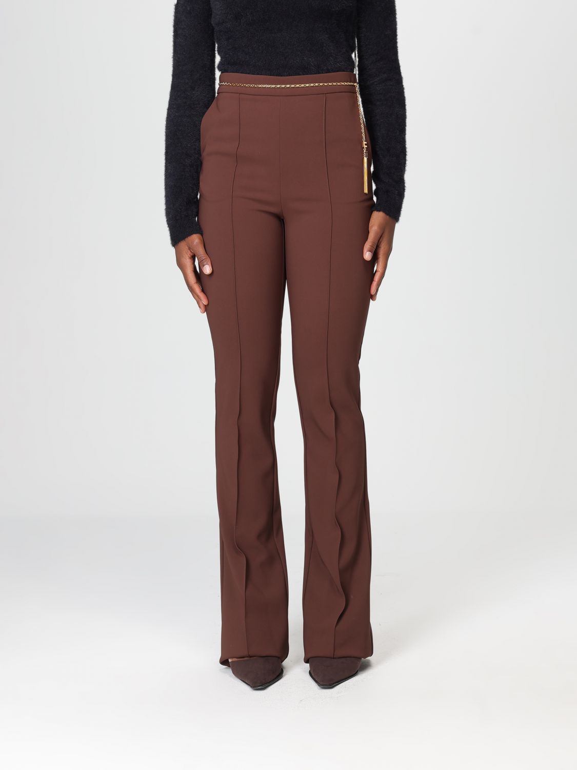 Elisabetta Franchi Crepe Trousers With Jewel Chain In Brown