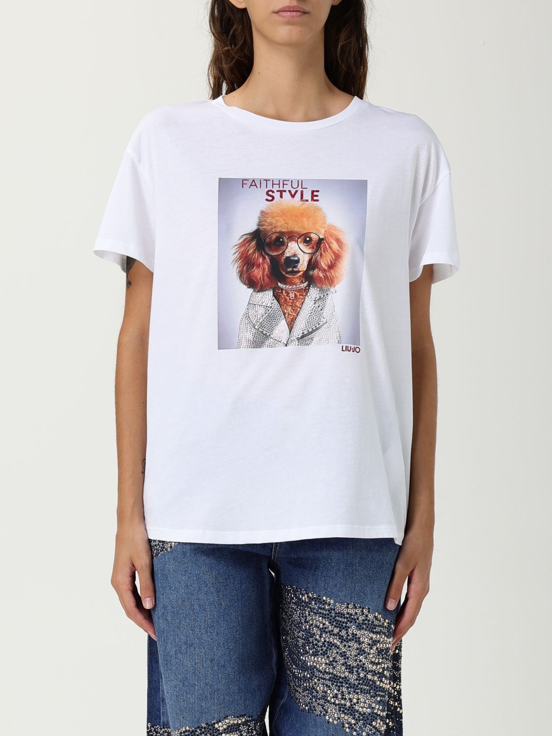 Liu •jo Graphic Dog Print T-shirt With Strass Detail In White