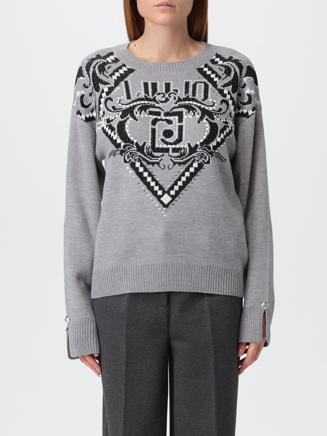 Liu •jo Jacquard-logo Crew-neck Sweater In Gray