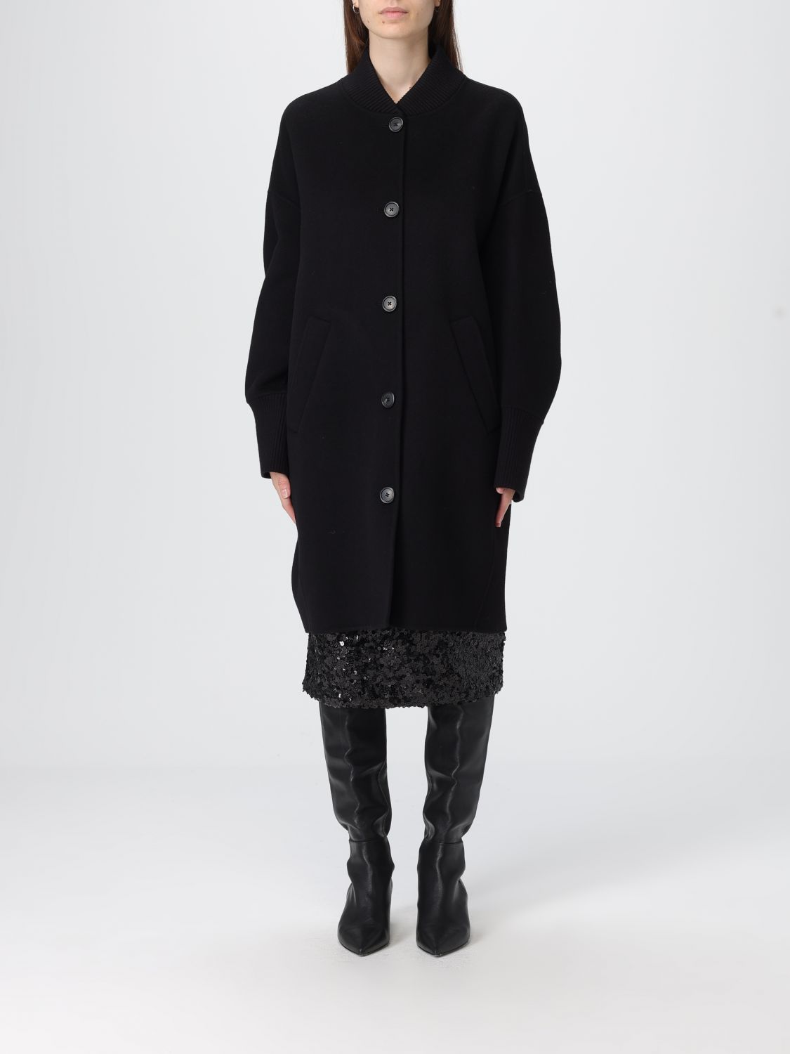 Pinko Tailored Black Wool Coat With Ribbed Details In Black