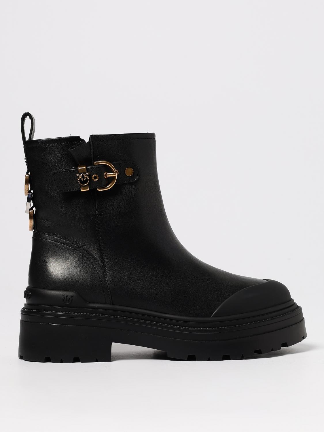 Pinko Leather Booties With Love Birds Logo In Black