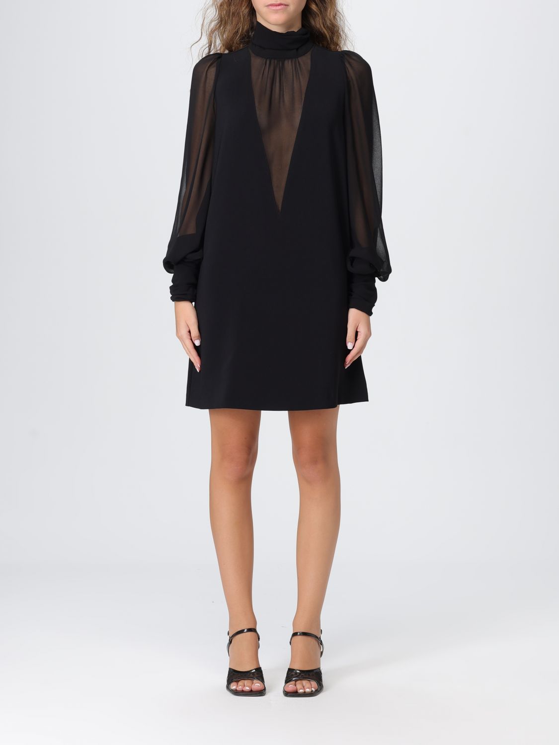 Pinko Dress With Georgette Sleeves And High Neck In Black
