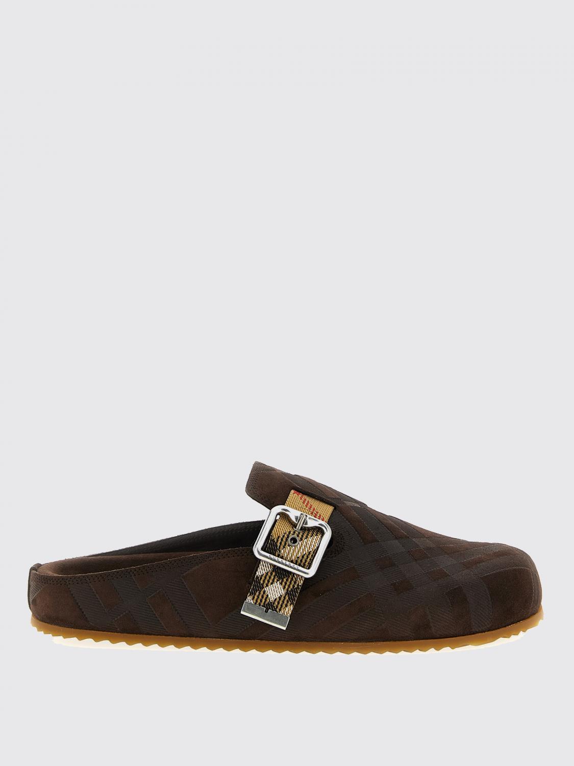 Burberry Strap Patterned Round Toe Rubber Sole Slip-on In Brown