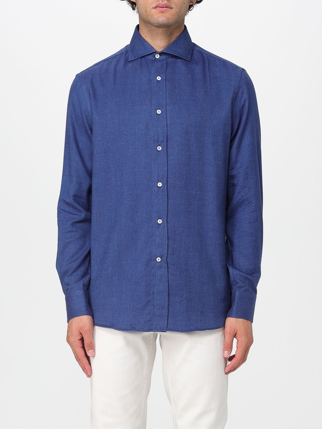 Brunello Cucinelli Tailored Herringbone Shirt Collar Button-down In Blue