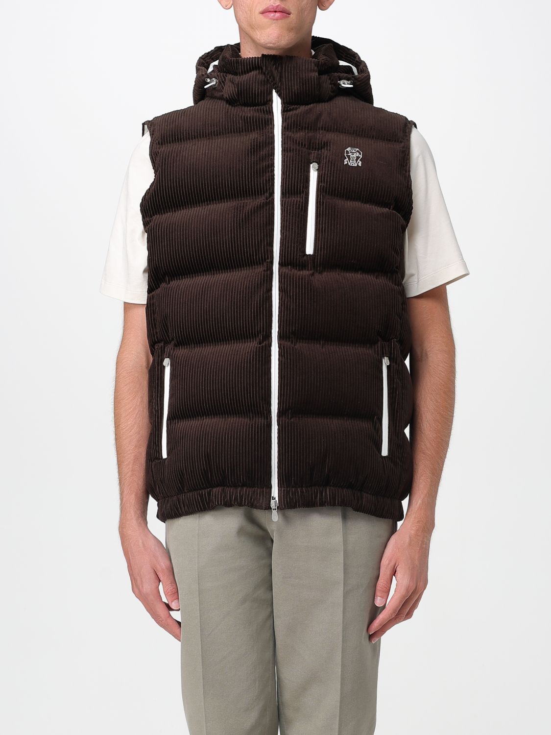 Brunello Cucinelli Velvet Padded Hooded Sleeveless Gilet In Brown