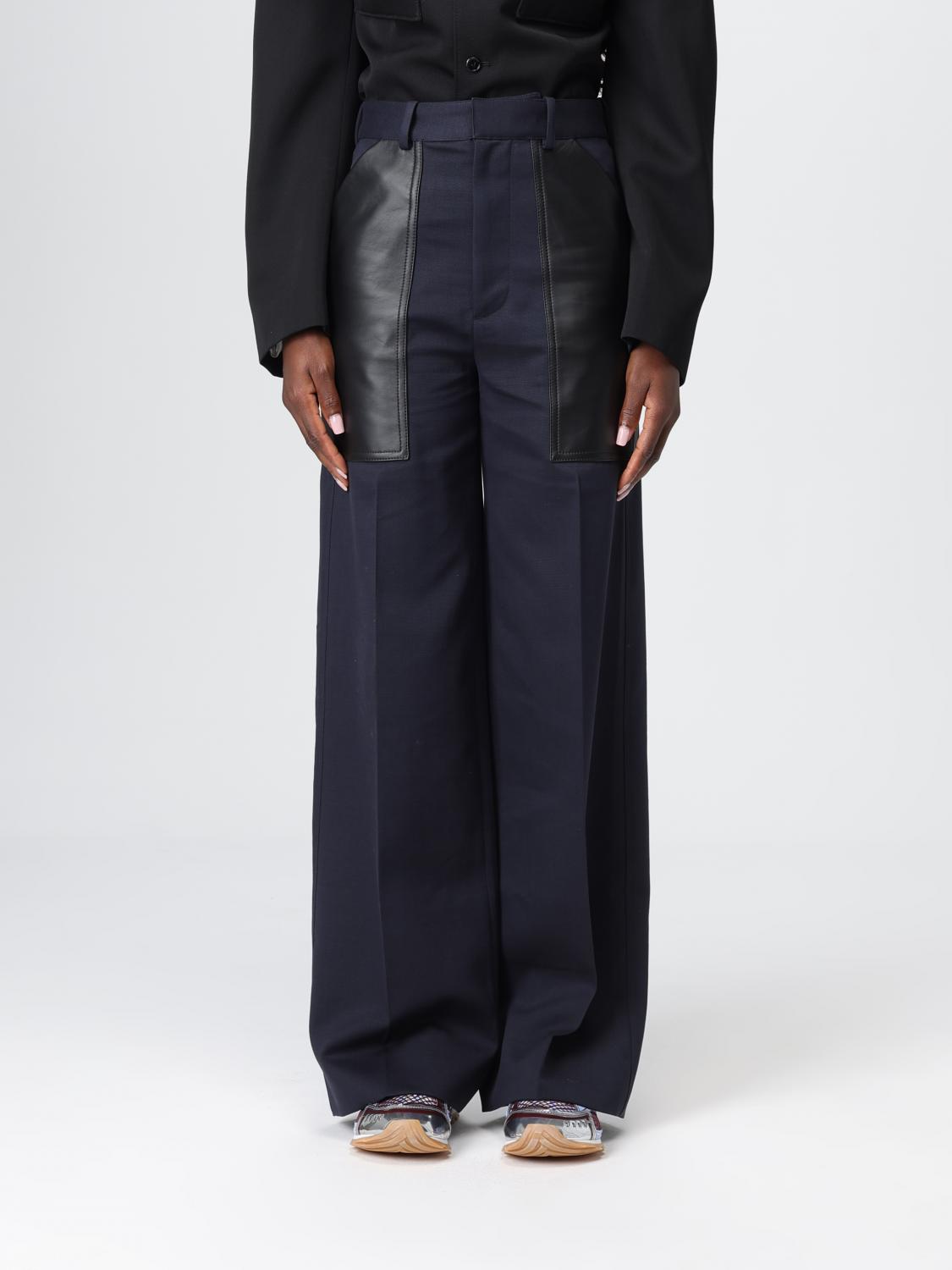 Bottega Veneta Women Blue Wide Leg Trousers With Two Leather Pockets On The Front In Wool And Cotton In Blue