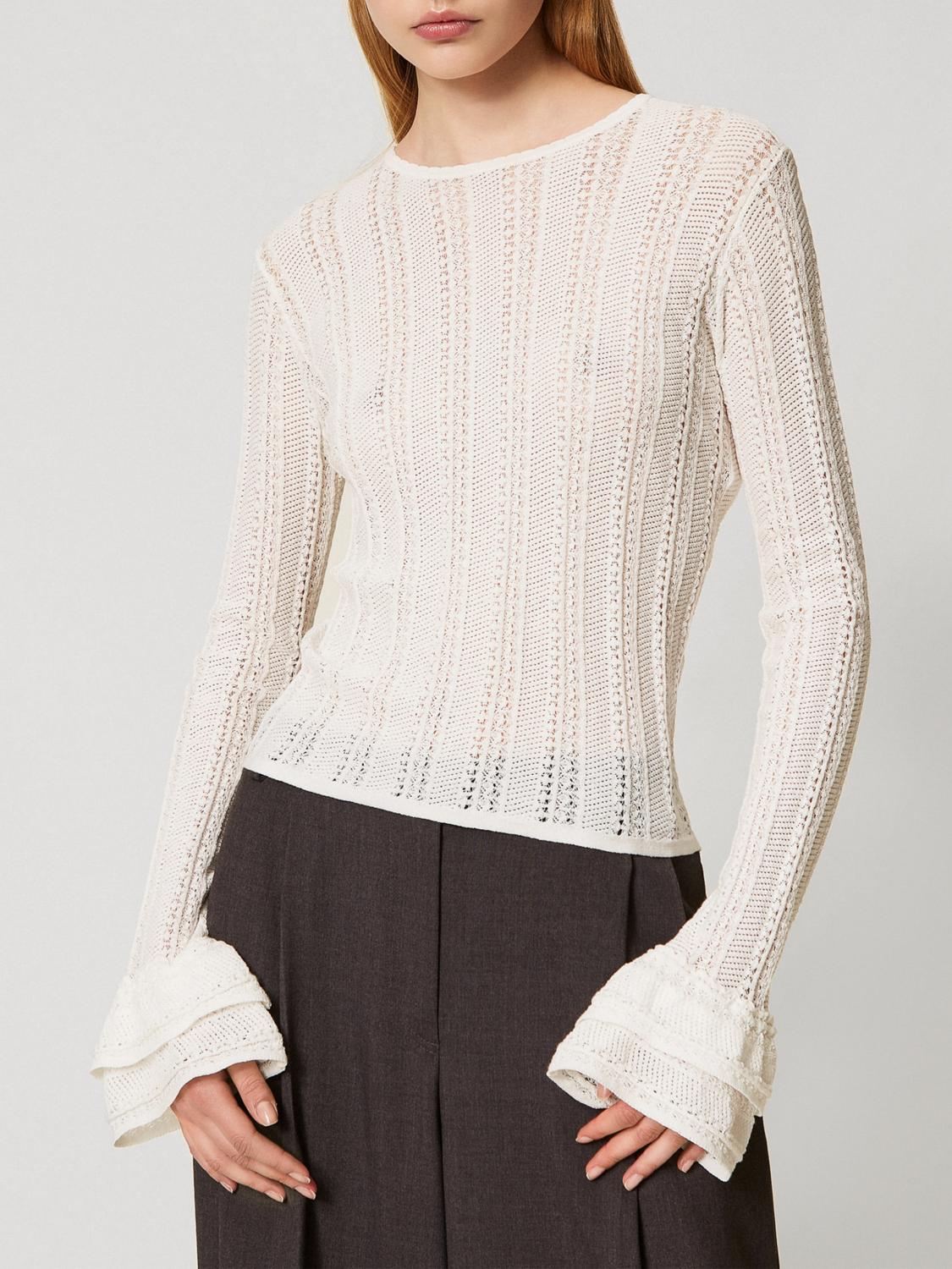 Twinset Ruffled Open-knit Top In White