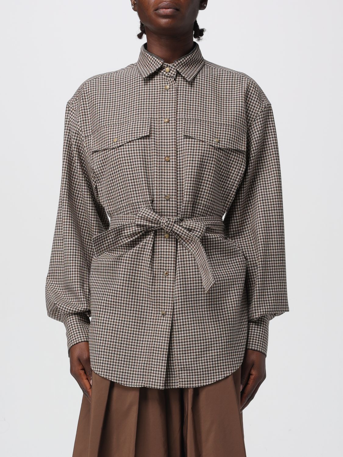 Brunello Cucinelli Belted Shirt With Shiny Collar Detail In Gray