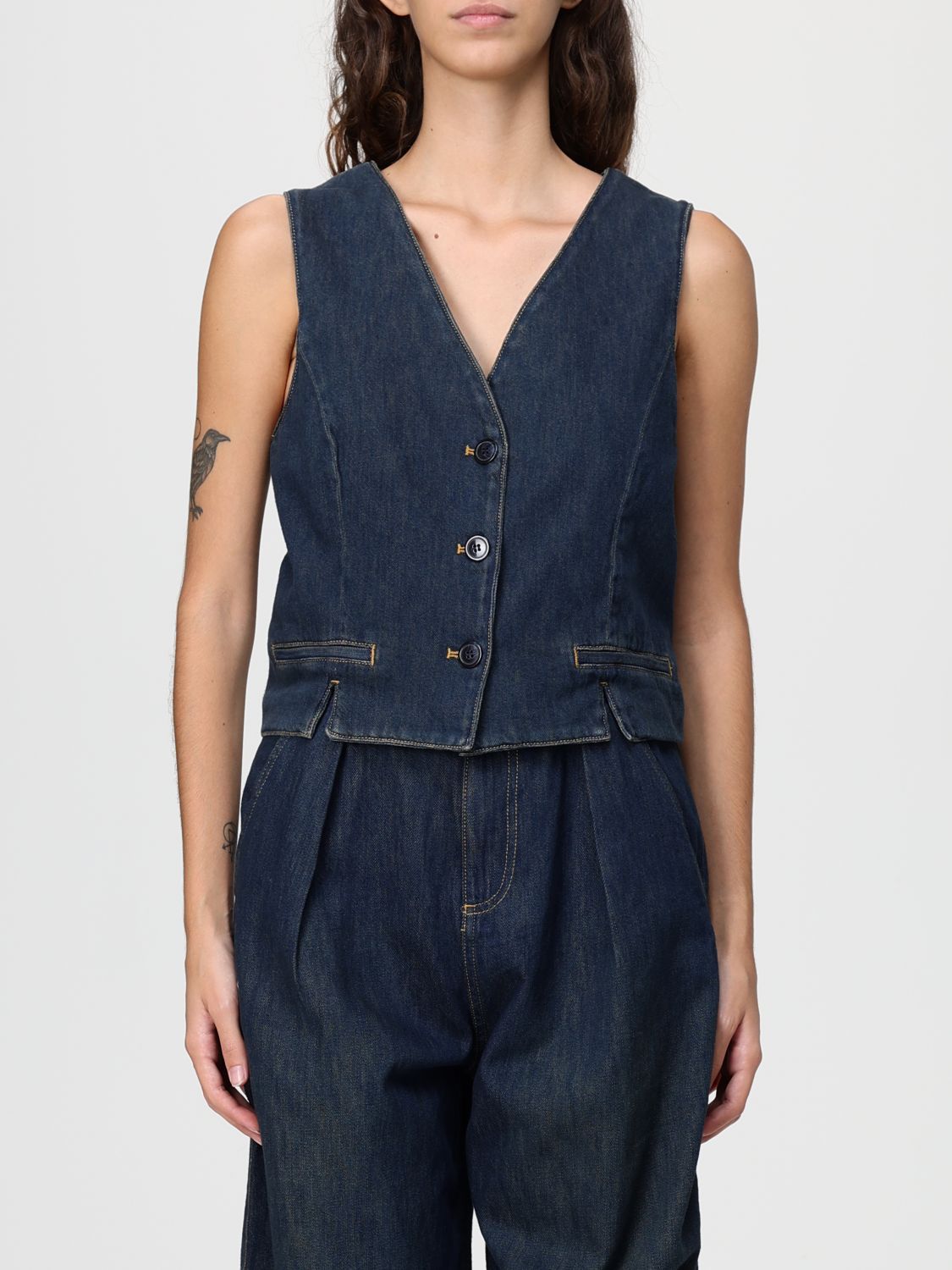 Twinset Denim Vest With Front Pockets And V-neckline In Animal Print