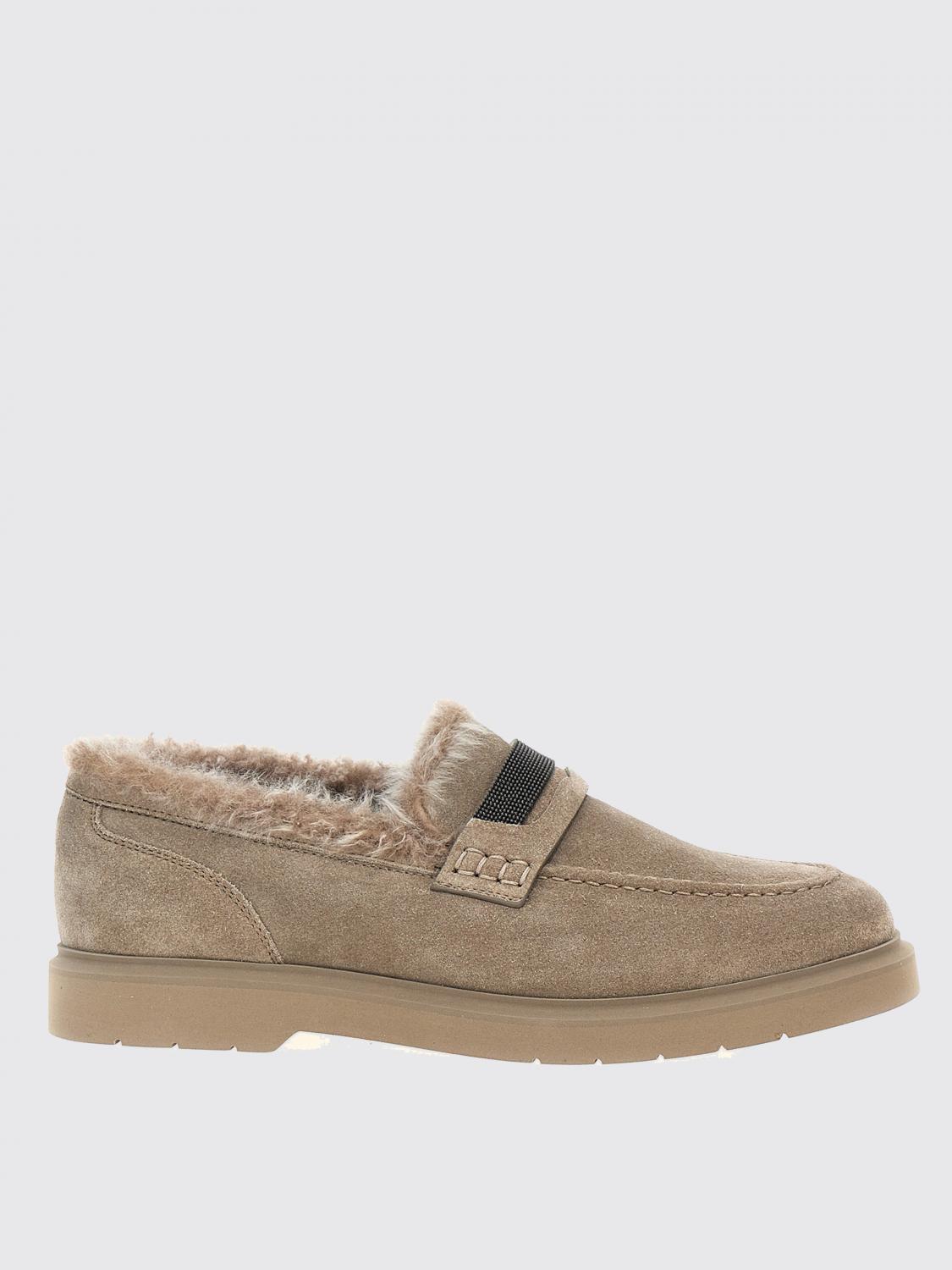 Brunello Cucinelli Suede Loafers With Monile Detail And Fur Lining In Brown