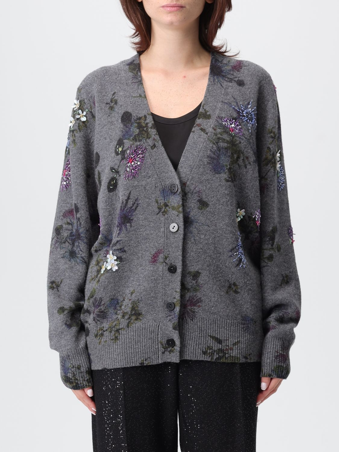 Blumarine Printed Wool Blend Oversize Cardigan In Gray