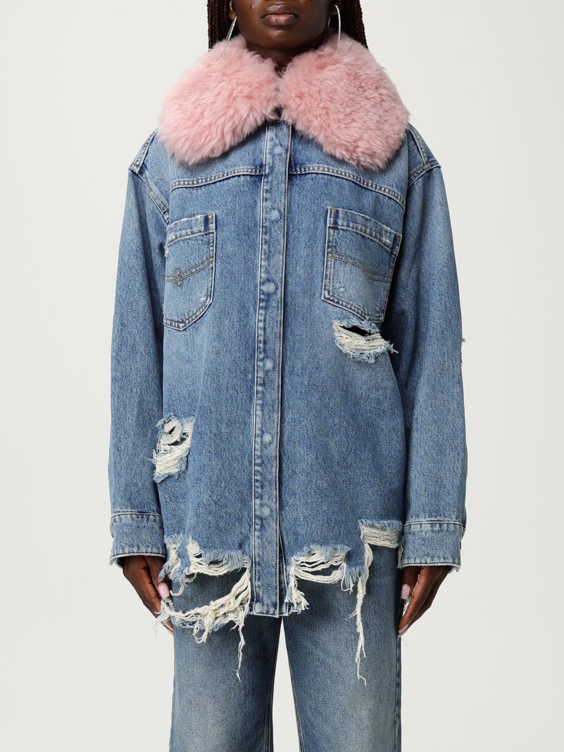 Blumarine Longline Jacket With Distressed Finish And Chest Pockets In Blue