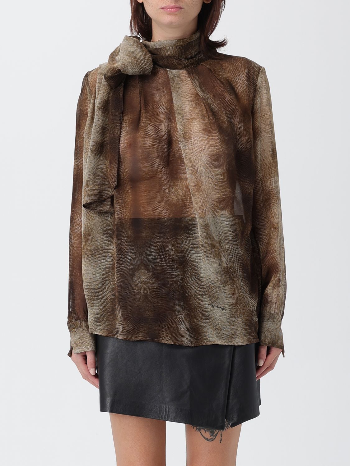 Elisabetta Franchi Tie-neck Silk Top In Brown