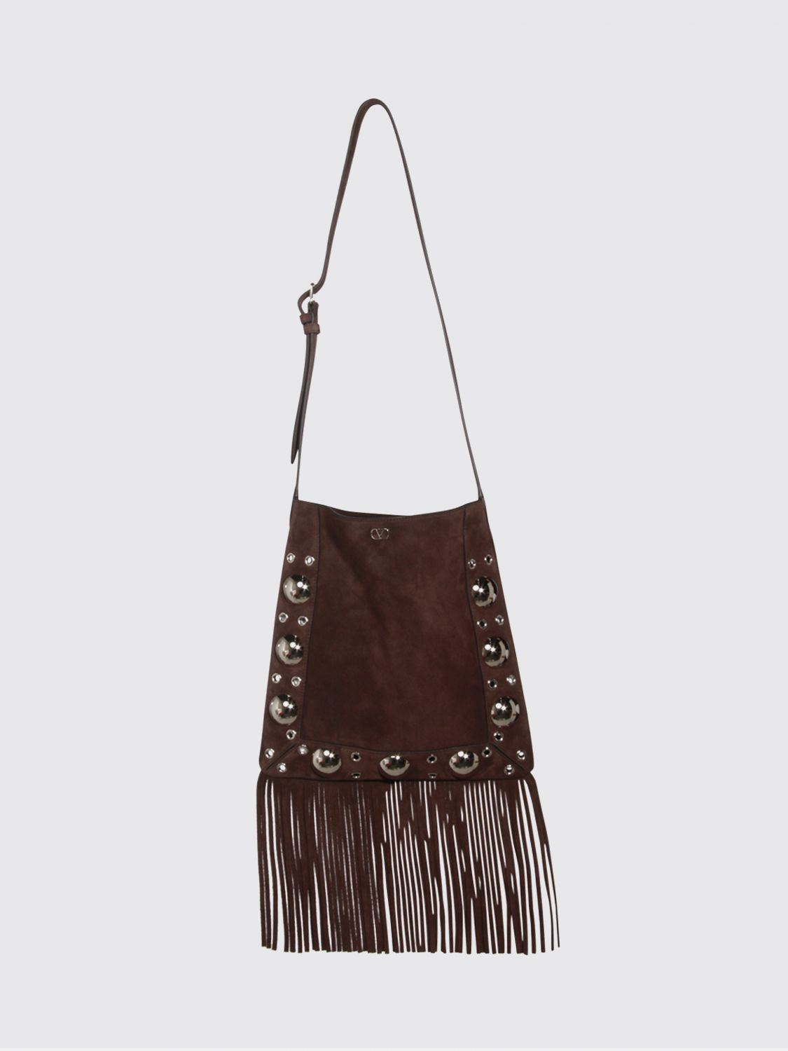 Valentino Fringed Small Cross Body Bag With Metal Eyelets In Brown