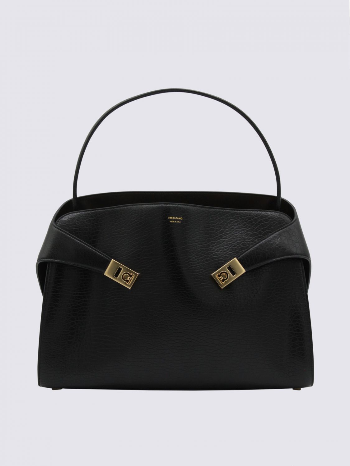 Ferragamo Leather Hug M Handbag With Metal Accents In Black