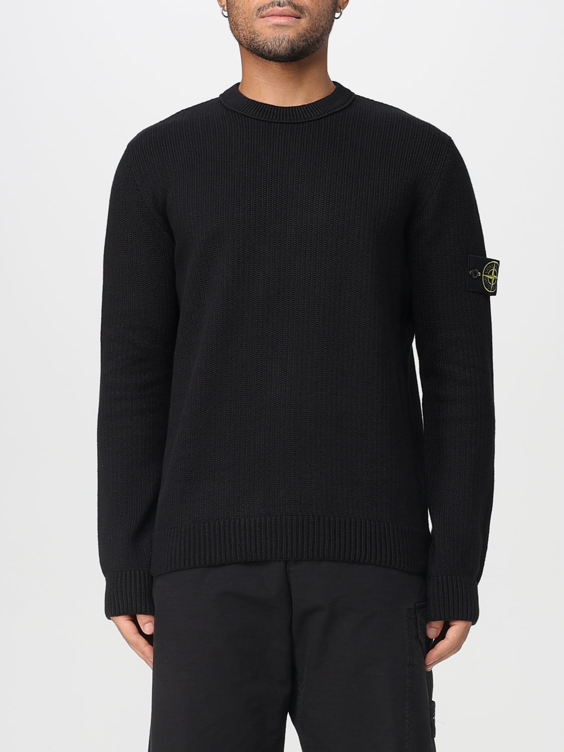 Stone Island Crew Neck Wool Sweater With Reverse Stitch Details In Black