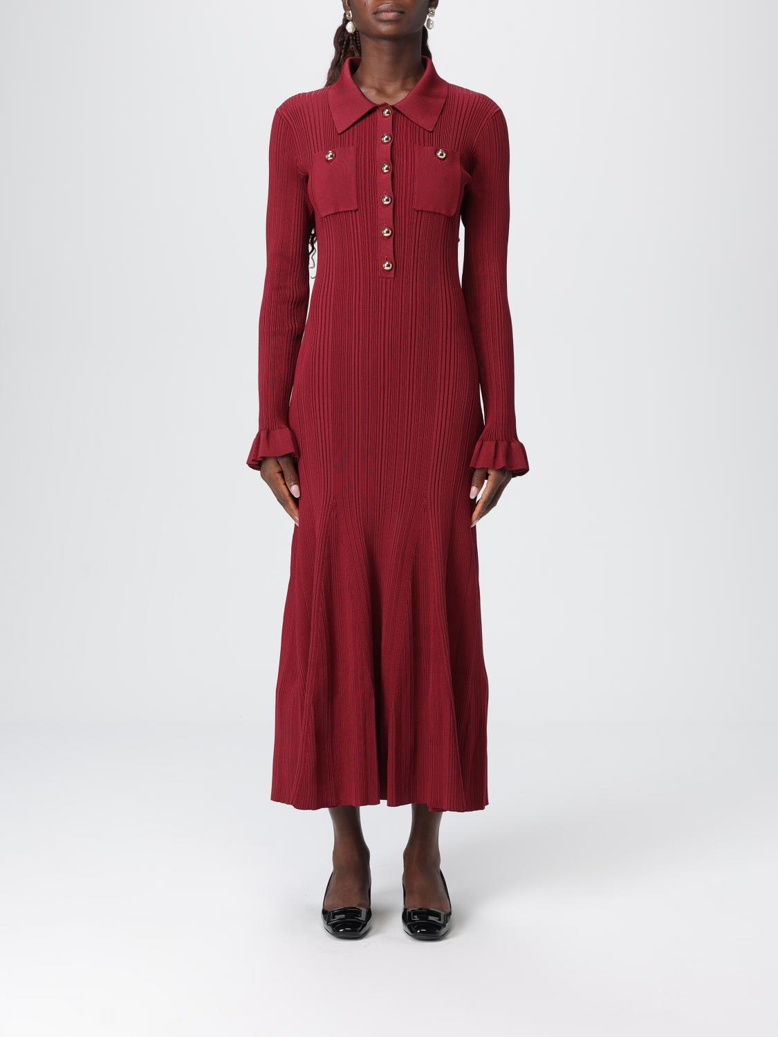 Self-portrait Knee Length Dress With Flared Cuffs And Pockets In Burgundy