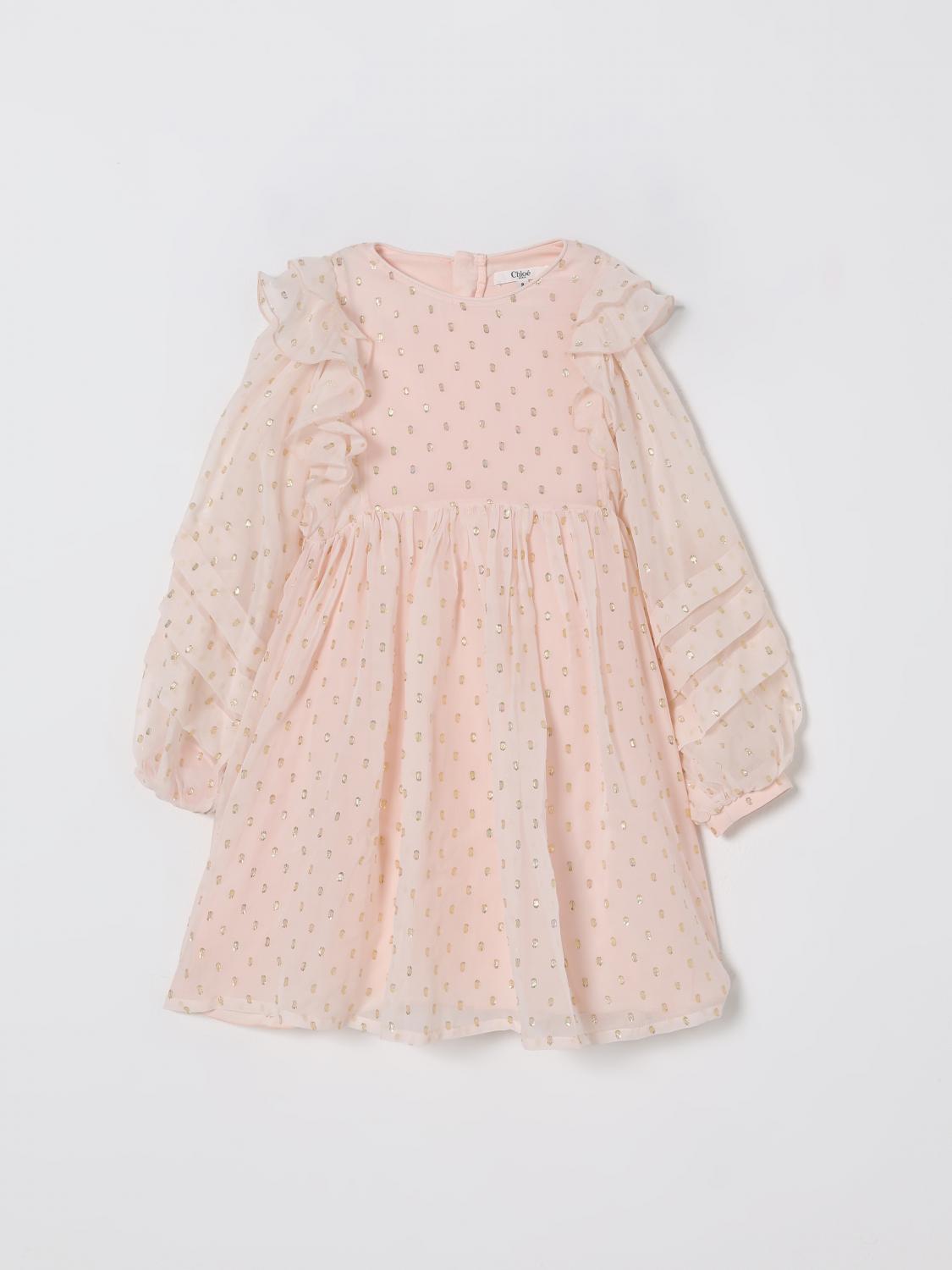 Chloé Kids Polka-dot Ruffled Silk-blend Dress In Pink