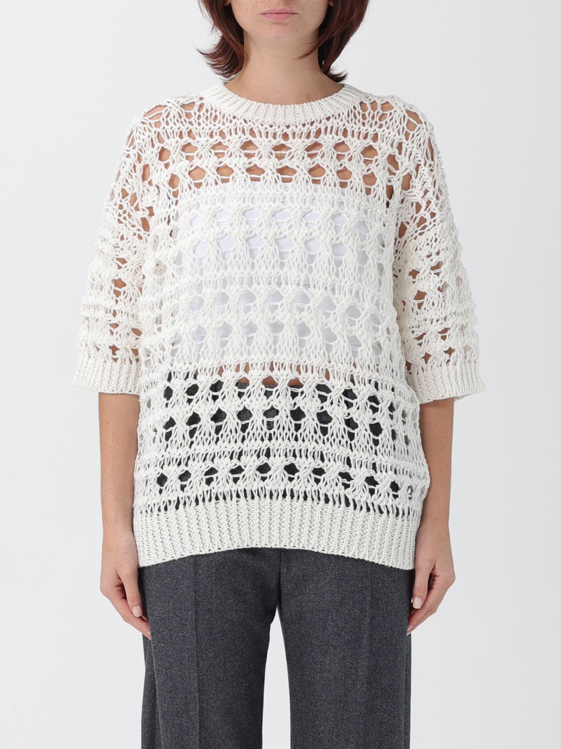 Brunello Cucinelli Jute-cotton Crochet Net Sweater In White