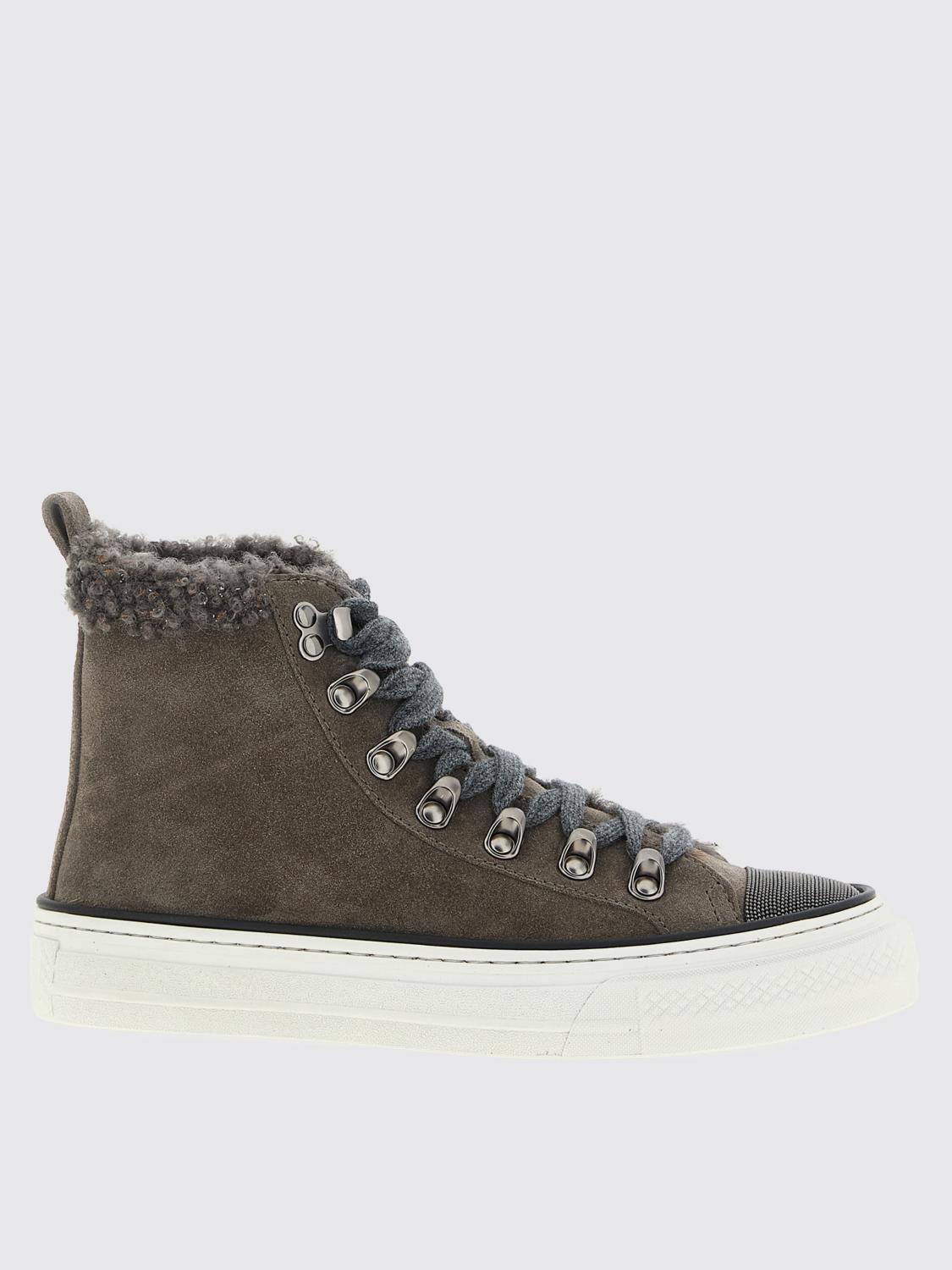 Brunello Cucinelli Shearling-trim Sneakers In Gray