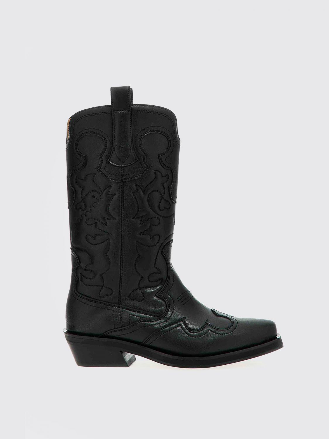 Ganni Embossed Design Mid-calf Stacked Heel Boots In Black