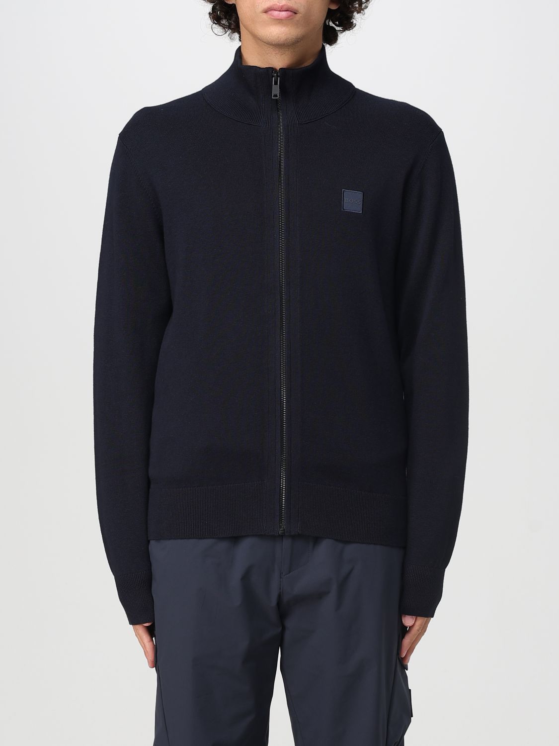 Hugo Boss Zip-up Jacket In Cotton Terry With Logo Badge In Blue