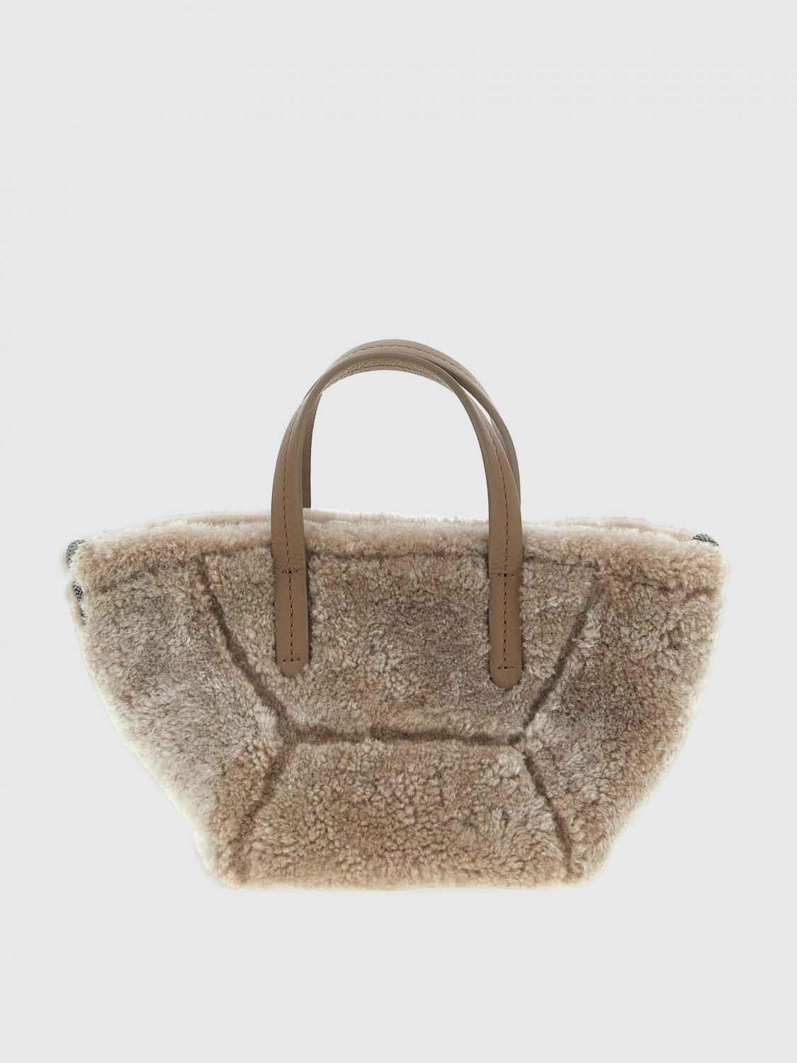 Brunello Cucinelli Shearling Leather Tote Bag In Gray