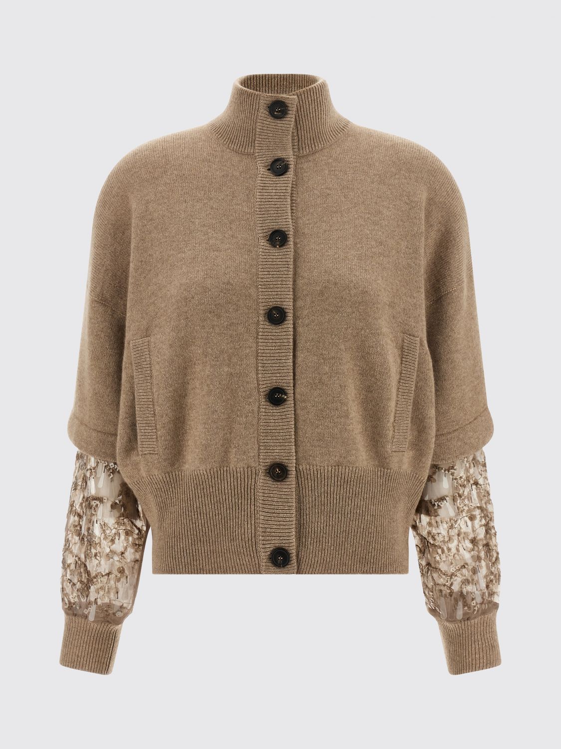 Brunello Cucinelli Cardigan With Embellished Sheer Sleeves In Brown