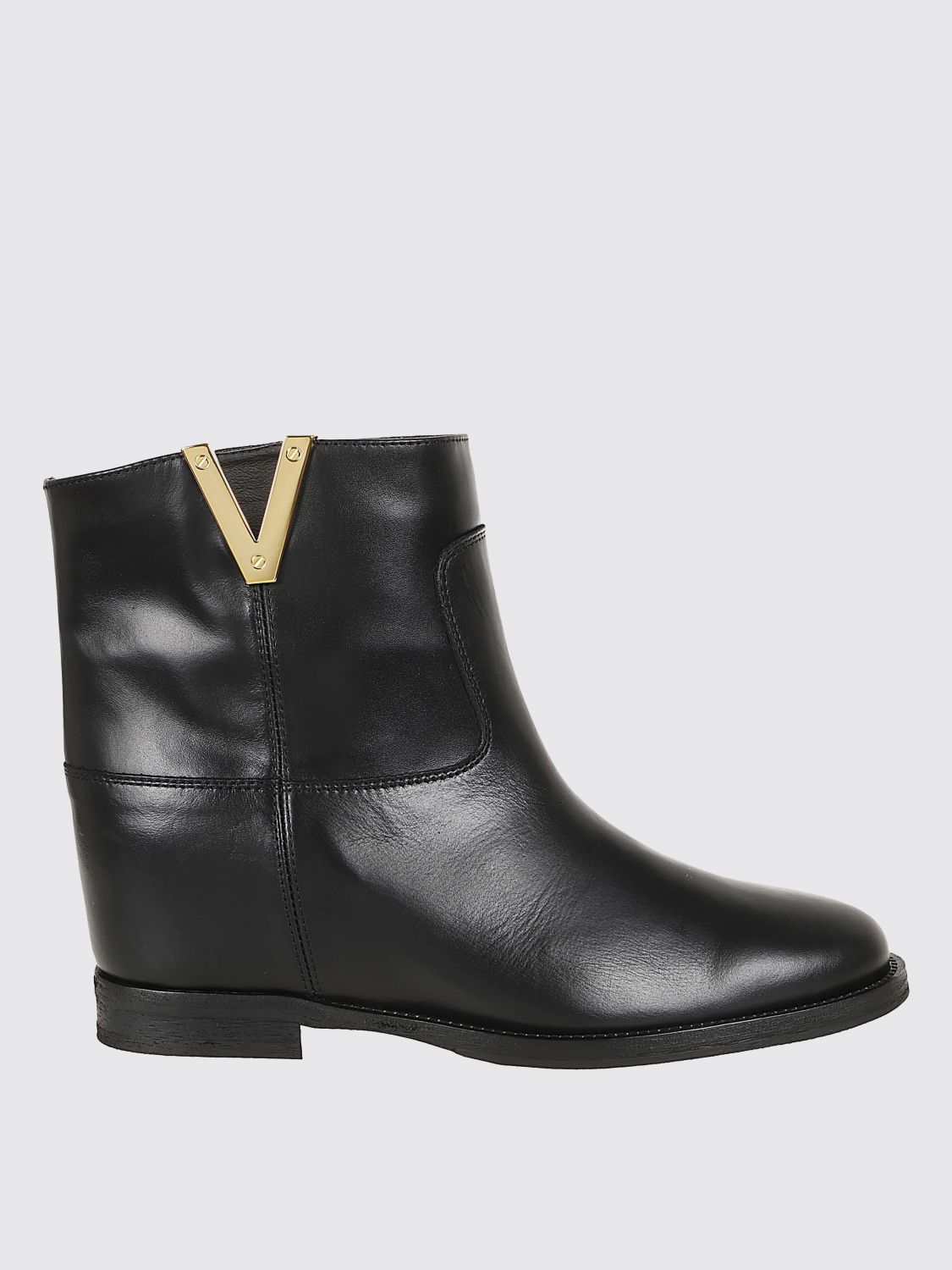 Via Roma 15 Calfskin Ankle Boot With Decorative Gold-tone Plaque In Black