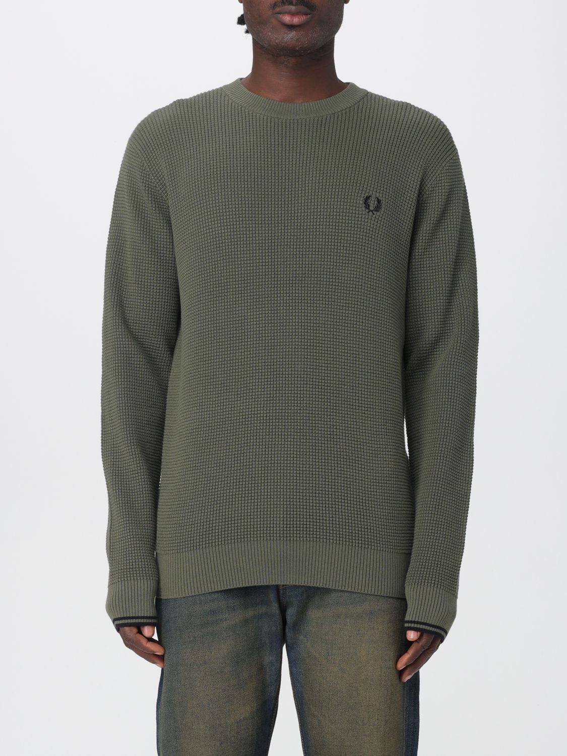 Fred Perry Embroidered Laurel Wreath Crew Neck Sweater In Gray
