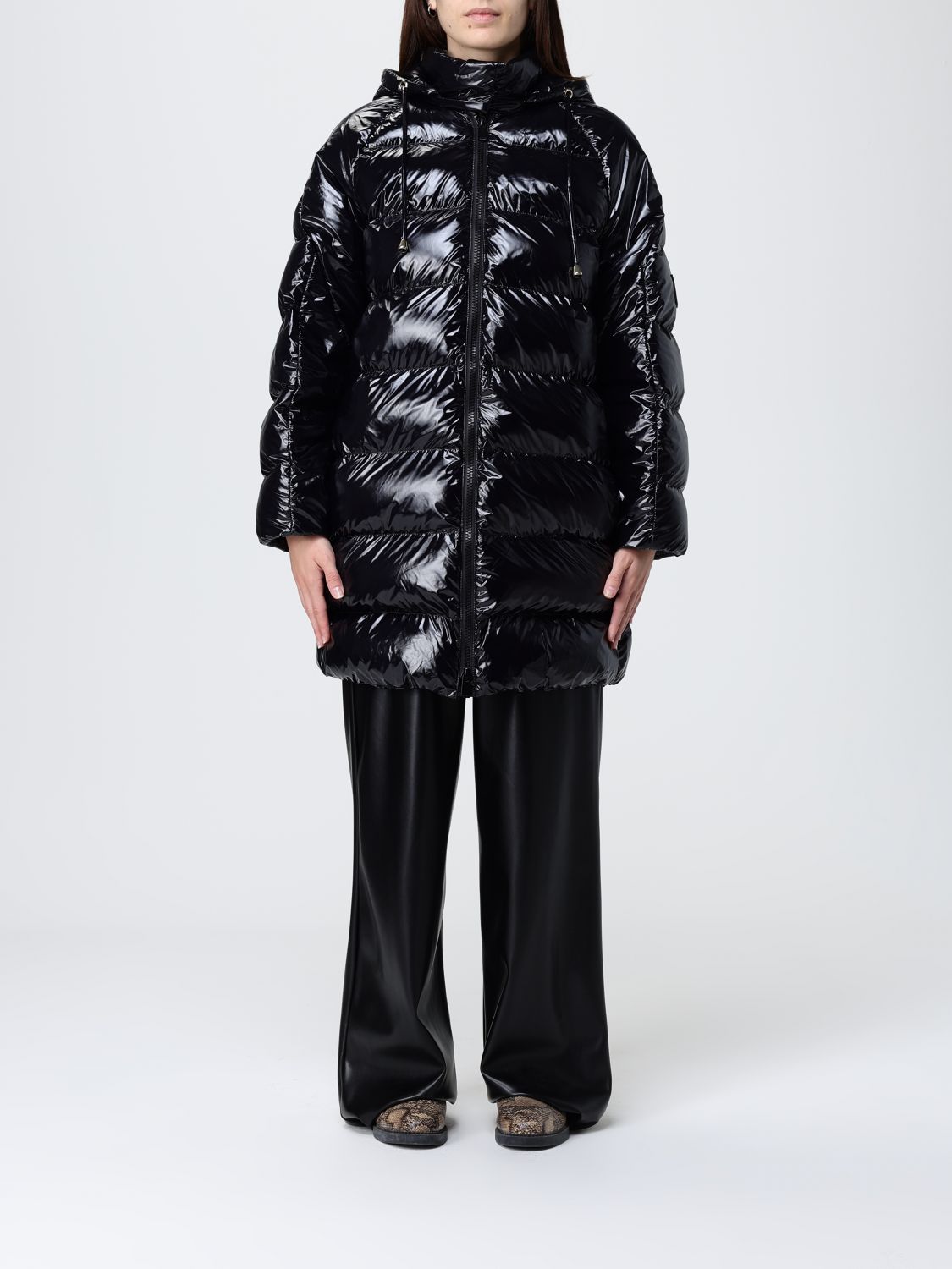 Pinko Oversized Black Puffy Coat With Glossy Finish And Hood In Black